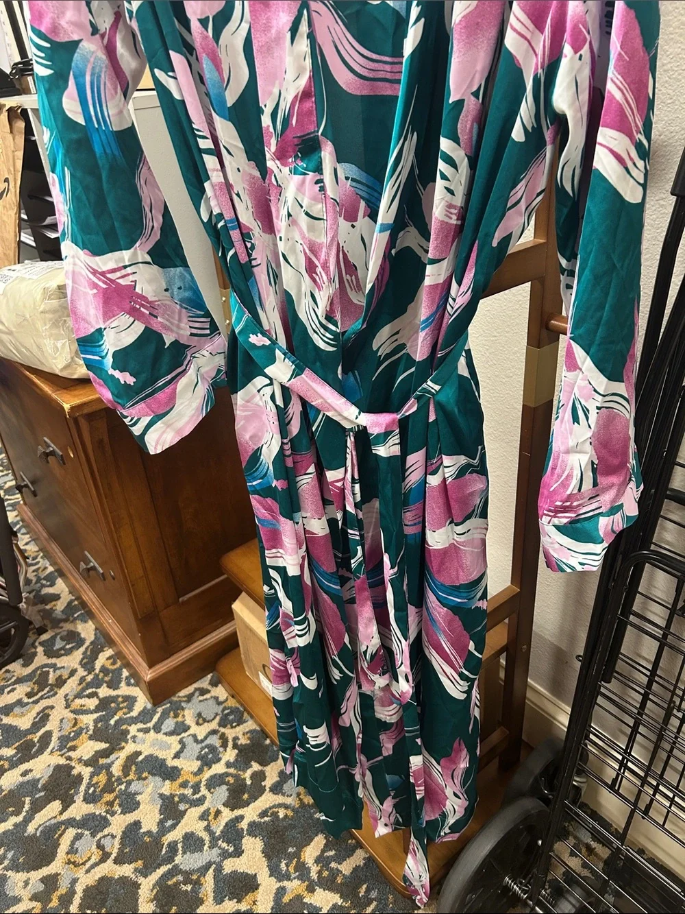 Vivid Teal & Pink/Magenta Fuschia tropical Print, Retro 80s/90s loungewear robe,